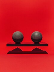 Canvas Print - Two Black Spheres on a Black Shelf Against a Red Background.