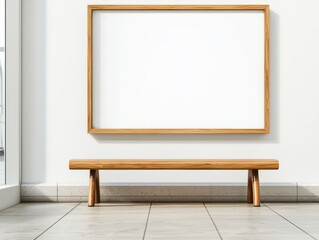 Poster - Minimalistic empty wooden frame and bench in a modern, clean, and bright interior. Perfect for artworks and photography displays.