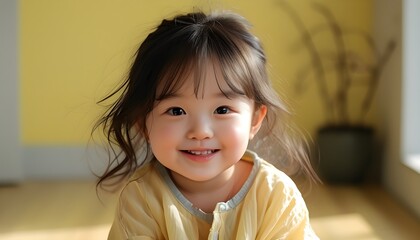 Wall Mural - Joyful Korean girl sitting on light yellow floor with a bright smile, embodying cuteness and playfulness in an enchanting AI-generated scene