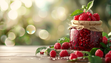 raspberry jam in a jar against the background of Christmas tree branches on a wooden background