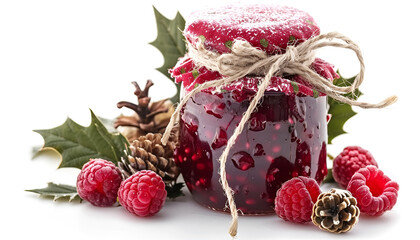 raspberry jam in a jar against the background of Christmas tree branches on a white background