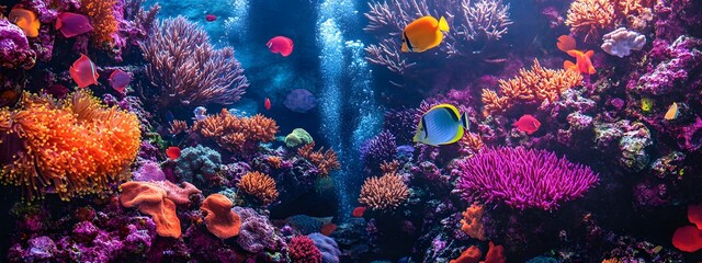 Beautiful, colorful coral reef fish swimming in the ocean, with vibrant colors and stunning corals on both sides of an aquarium tank