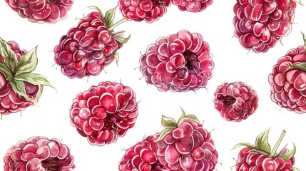 Wall Mural - Realistic seamless pattern of ripe raspberries with water droplets isolated on white. Ideal for fresh, juicy, and summer-themed designs.