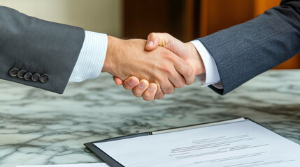 Two businesspeople shaking hands over a marble desk with a signed contract visible. The handshake symbolizes the closure of a business deal or agreement, with trust and professionalism highlighted.