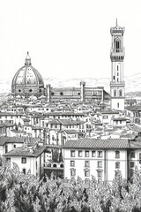 Florence, Italy, black and white pen pencil hand-drawn effect portrait drawing illustration for travel poster, card, wallpaper, backdrop or banner. Modern, clear, artistic and simple