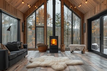 Tall black metal wood burning stove in open concept cabin with large windows, black animal print accents, warm ceiling lights, white fur rug, and vintage industrial decor.