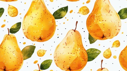 Wall Mural - Seamless pattern of ripe pears with green leaves on a light background. Fresh, juicy, and colorful fruit design perfect for fall or summer themes.