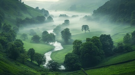 Wall Mural - A serene landscape featuring misty hills, lush greenery, and a winding river.