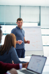 Poster - Creative, team and businessman at whiteboard with presentation for planning videography project or content creation. Small business, employees and people in boardroom with brainstorming or production