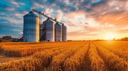 Poster - A field of golden wheat with a large grain silo in the background