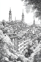 Freiburg im Breisgau, Germany, black and white pen pencil hand-drawn effect portrait drawing illustration for travel poster, card, wallpaper, backdrop or banner. Modern, clear, artistic and simple