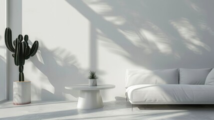 Canvas Print - Minimalist Living Room with White Sofa and Cactus