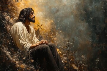 impressionistic oil painting of jesus praying in gethsemane rich earthy tones dramatic chiaroscuro lighting textured brushstrokes conveying anguish