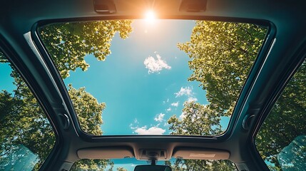 View of the clear sky through the open sunroof hatch of a car on a sunny day : Generative AI