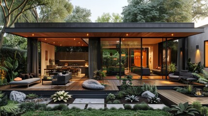 Poster - A large house with a large open living room and a large patio