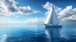 © The Little Hut - Yacht sailboat sailing alone on calm blue sea waters on a beautiful sunny day with blue sky and white clouds : Generative AI