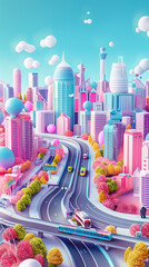 futuristic city urban scene pastel colors cityscape skyline buildings skyscrapers highway road vehicles cars clouds trees modern architecture abstract fantasy setting 