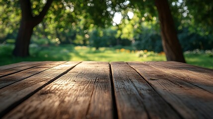 Empty wooden table on nature outdoor for free space for product Spring beautiful background : Generative AI