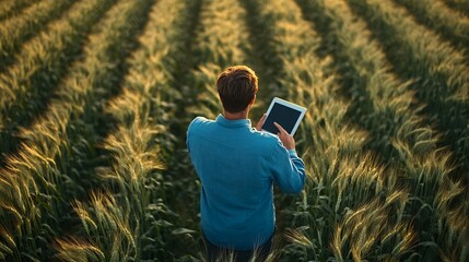 Fototapete - Farmer using tablet in wheat field View from above of a farmer in blue shirt using a tablet in a young wheat fieldHigh quality photo : Generative AI