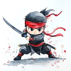 Poster - Watercolor Illustration of a Young Samurai Warrior Holding a Sword.