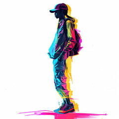 youth fashion style colorful trendy neon silhouette urban backpack streetwear vibrant modern digital art pose dynamic artistic expression cool outfit futuristic look 