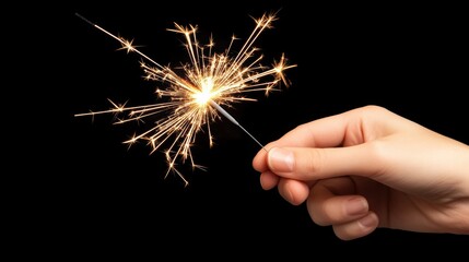 Poster - A person holding a sparkler in their hand against black background, AI