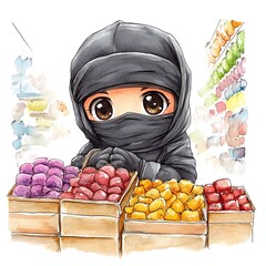 Watercolor Illustration of a Girl in a Hijab Shopping for Fruit.