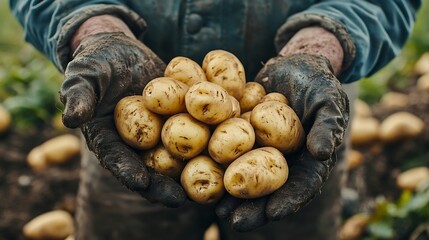 Farmer holding freshly harvested potatoes at farm : Generative AI