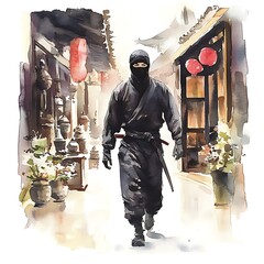 Sticker - Watercolor Illustration of a Ninja Walking Through a Japanese Street.