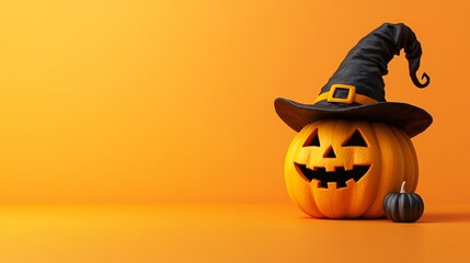 Wall Mural - Halloween pumpkin wearing a witch's hat on orange background