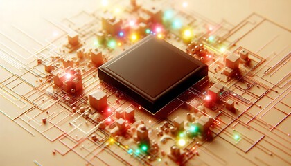 A computer chip is surrounded by a colorful array of wires and circuits. Concept of complexity and technological advancement