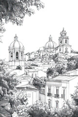 Granada, Nicaragua, black and white pen pencil hand-drawn effect portrait drawing illustration for travel poster, card, wallpaper, backdrop or banner. Modern, clear, artistic and simple