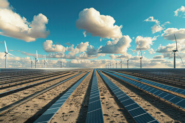  Sustainable energy landscape featuring wind turbines and solar panels at dusk, emphasizing renewable resources.