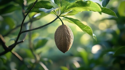 Poster - Nutmeg is a plant in the form of a tree that originates from the Banda Islands Maluku The fruit is oval in shape One fruit produces one white seed when it is young and dark brown when  : Generative AI