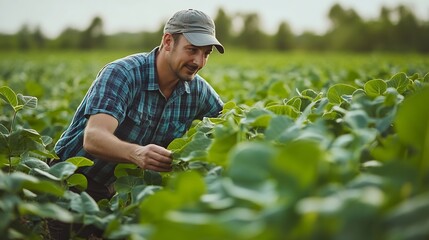 Fototapete - Farmer agronomist on a soybean field Agricultural industry : Generative AI