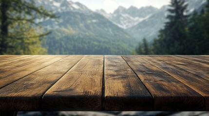 Poster - A wooden table in the foreground with a scenic mountain landscape in the background.