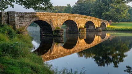 Poster - A stone bridge arches over a serene river, reflecting nature's beauty in calm waters.