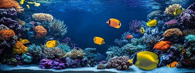 Beautiful, colorful coral reef fish swimming in the ocean, with vibrant colors and stunning corals on both sides of an aquarium tank