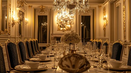 Wall Mural - Elegant dining room set for a formal meal with ornate decor and crystal chandeliers.