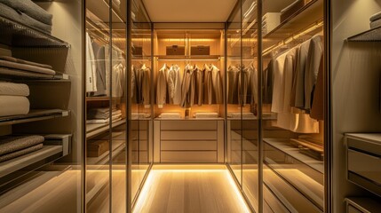 Poster - A luxurious walk-in closet showcasing organized clothing and accessories with warm lighting.