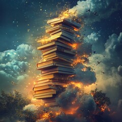 Sticker - A surreal stack of books surrounded by clouds and flames, symbolizing knowledge and imagination.