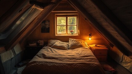 Sticker - Cozy attic bedroom with a warm ambiance and natural light from a window.