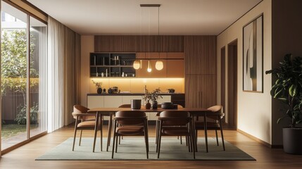 Sticker - Modern dining area with wooden furniture and warm lighting.