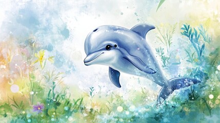 Full-body illustration of a cute dolphin with a fairytale face and big eyes in soft watercolor style. The dolphin is the central focus of the image, set against a magical background of light, dreamy c