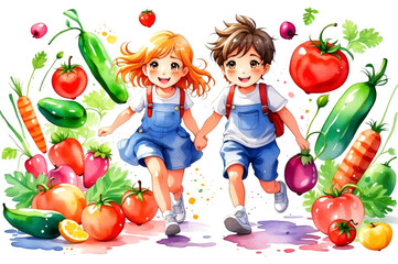 Kids eating healthy breakfast in vegetables and fruits illustration. Vector Illustration Of Food Concept Design. watercolor style