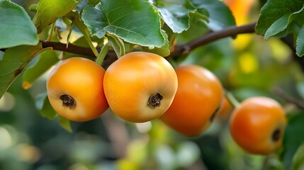 Poster - Diospyros kaki or persimmon tree detail of a brunch bearing one ripe and waxy fruit delicious tropical produce consumed either fresh dried or cooked in preserves with a sweet slightly  : Generative AI