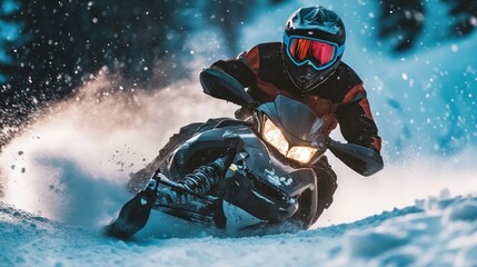 Canvas Print - A person riding a snowmobile through snowy terrain, showcasing speed and adventure.