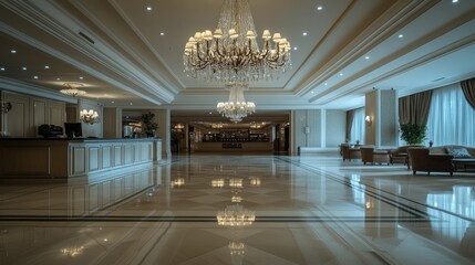 Poster - Elegant hotel lobby with chandeliers and polished floors, designed for luxury and comfort.