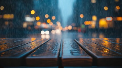 Poster - A rainy street scene with blurred lights and reflections on wooden benches.