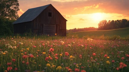 Canvas Print - A rustic barn surrounded by vibrant wildflowers at sunset, evoking tranquility and nature's beauty.